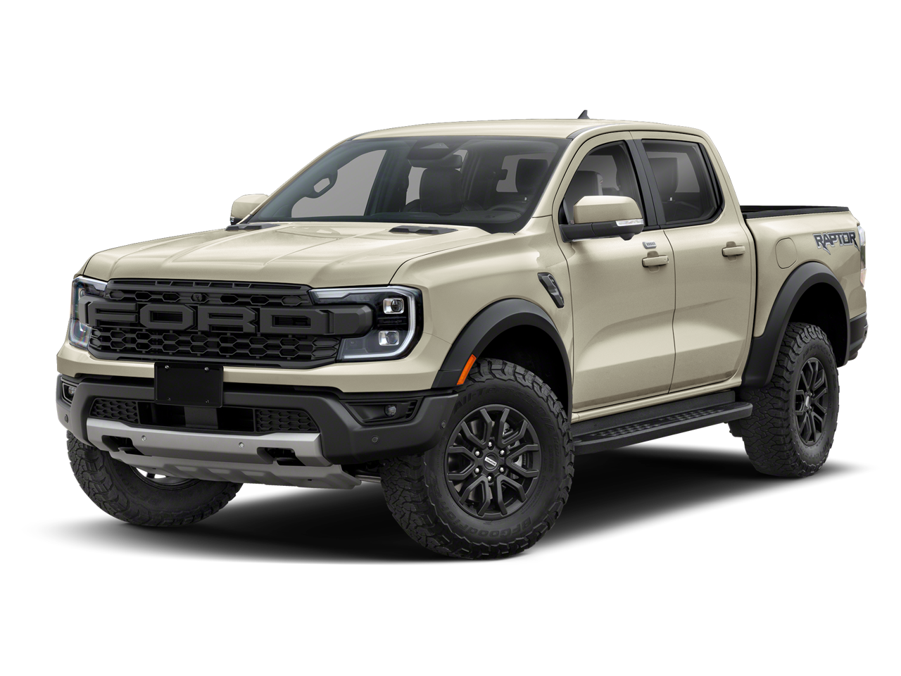2026 Ford Ranger Raptor in Desert Sand — front three-quarter view