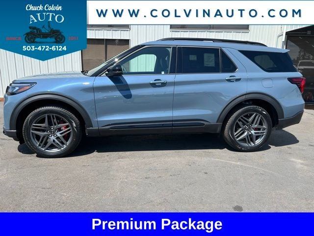2026 Ford Explorer ST-Line in Vapor Blue Metallic — front three-quarter view