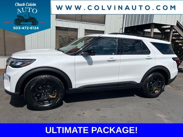 2026 Ford Explorer Tremor in Star White Metallic Tri-Coat — front three-quarter view